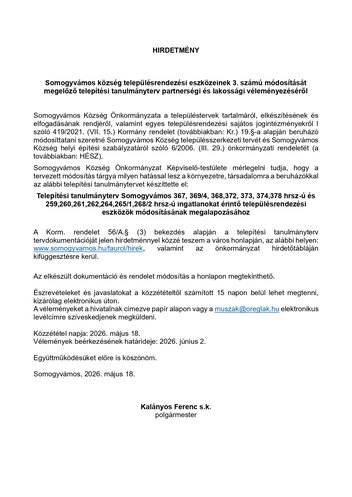 HIRDETMÉNY  telepítési tanulmányterv partnerségéről